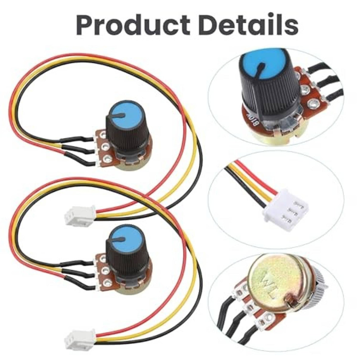 Rotary potentiometer with blue knob, metal terminals, and multicolor wire connectors