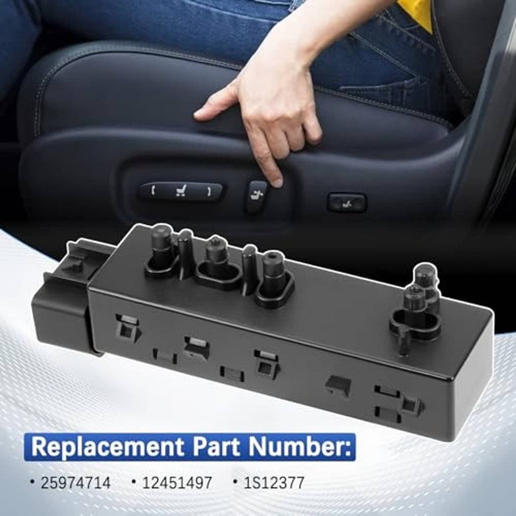Power seat switch module on work surface with visible 10-pin port strip and buttons.