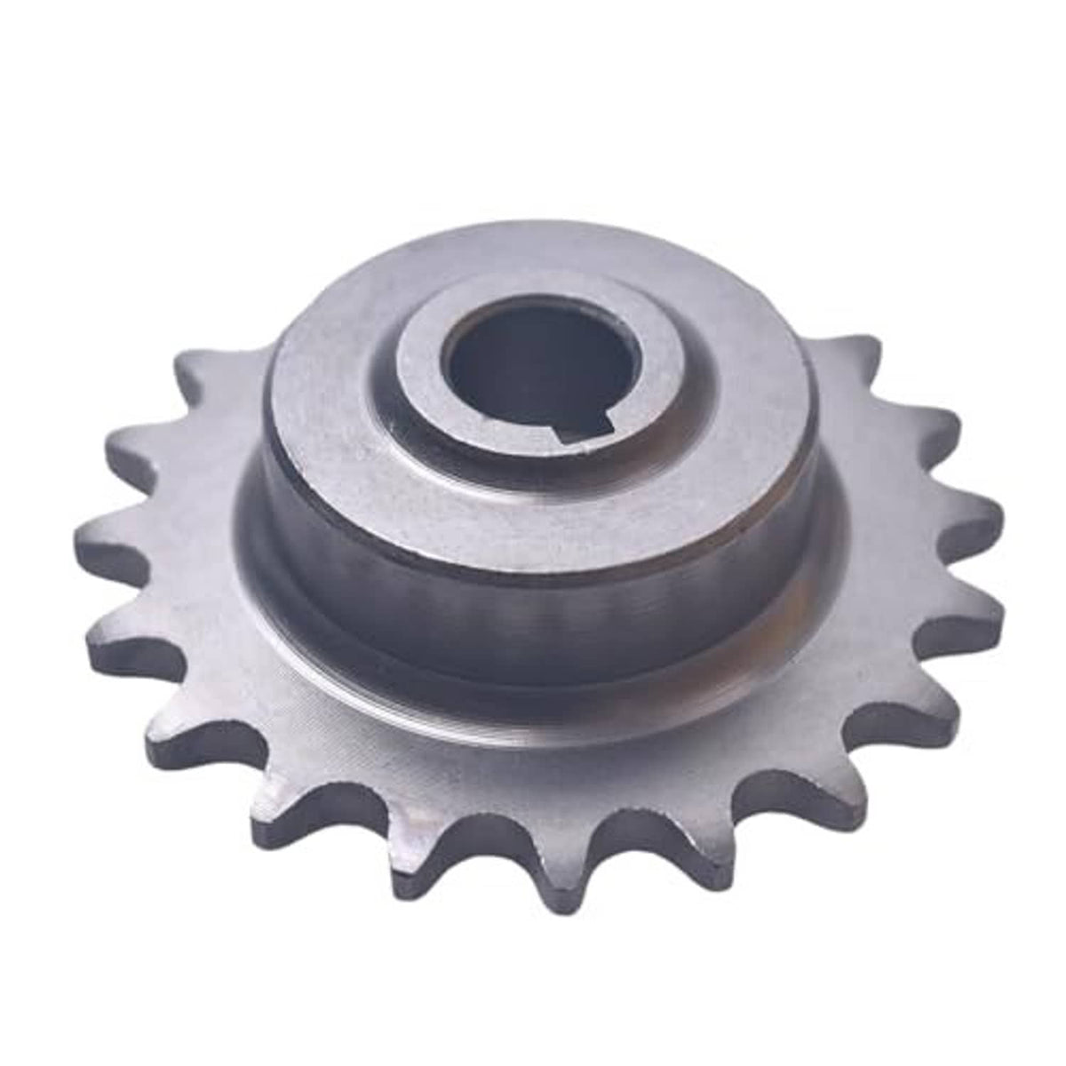 Silver steel chain sprocket with center bore and gear teeth