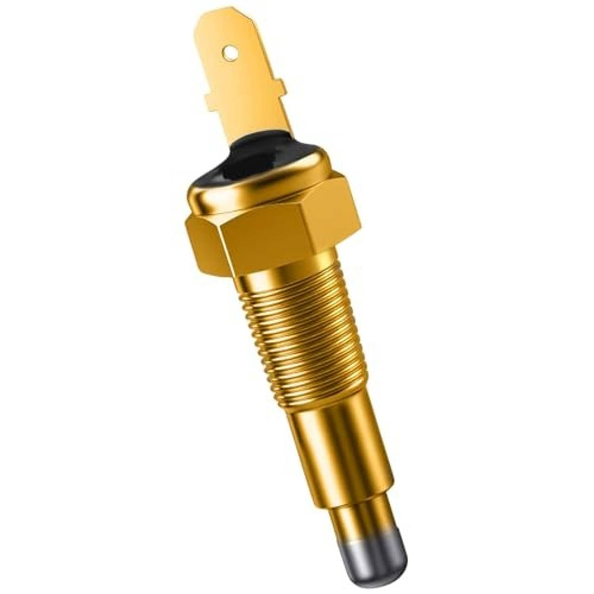 Thermostat fan switch with brass threaded probe, black rubber head, spade terminal