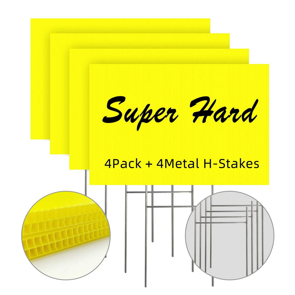 Yellow blank yard signs bundle with metal H-stakes, 4 pack; Super Hard label