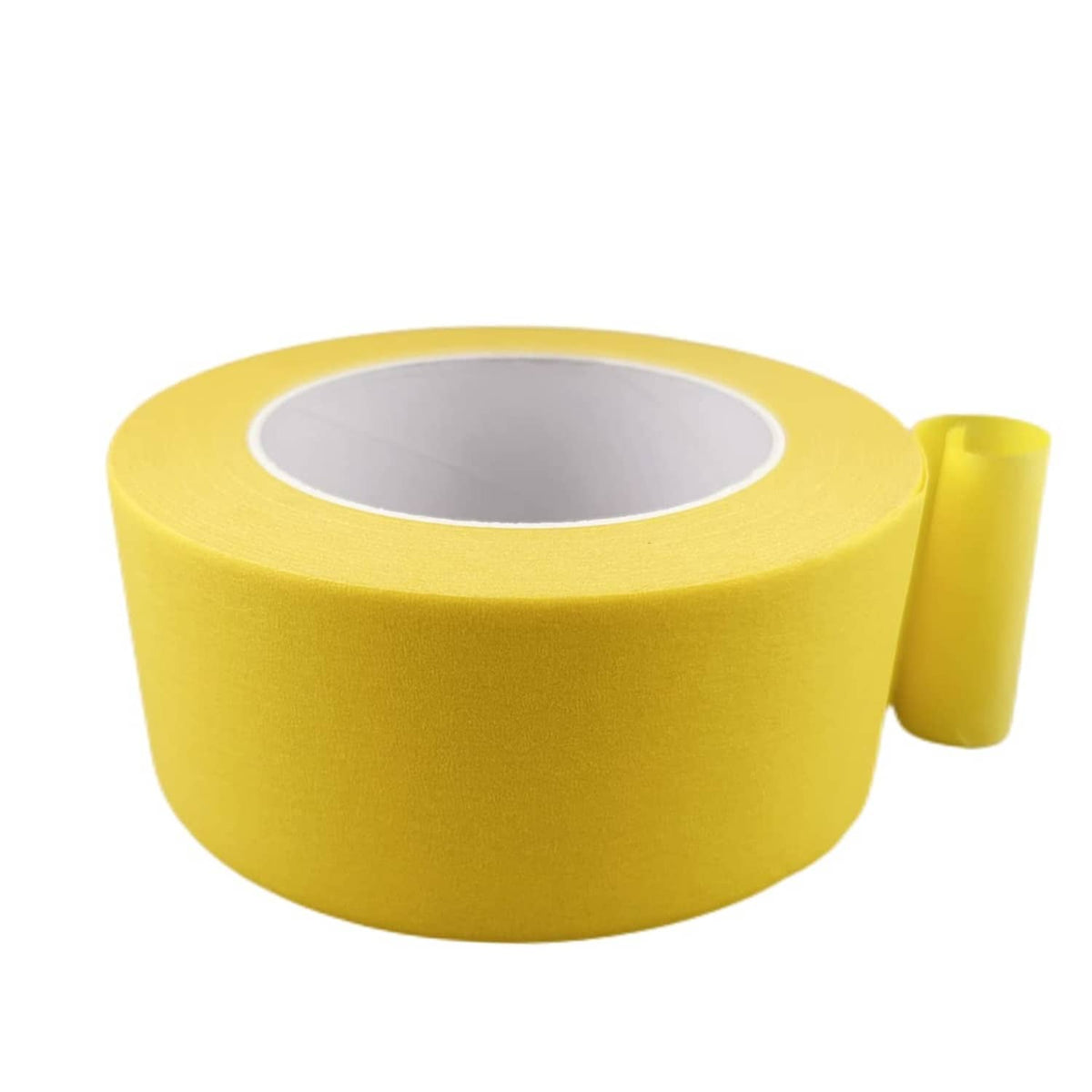 Yellow wide masking tape roll with exposed inner core and tape end