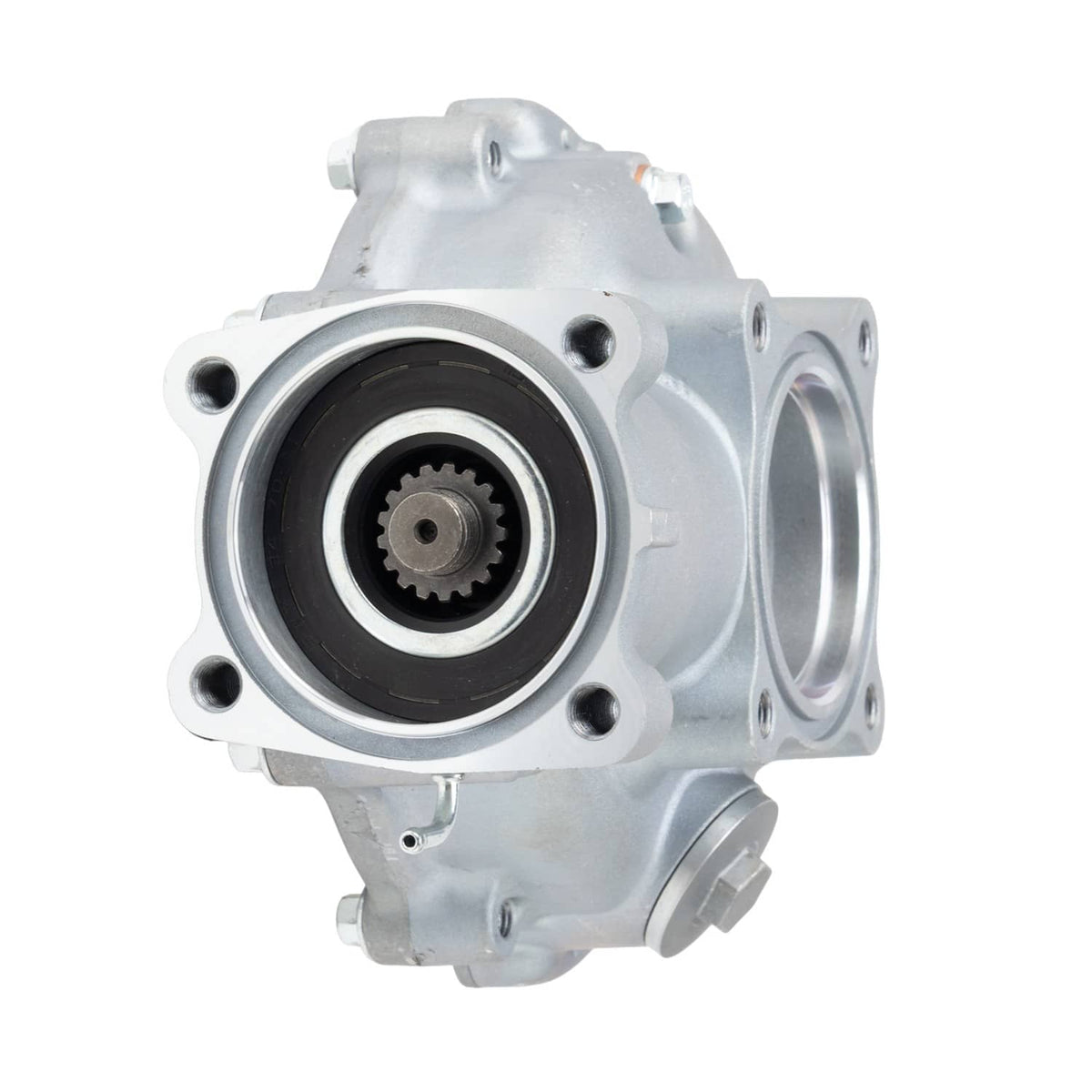 Rear differential end-cap housing with circular bearing opening, silver metal