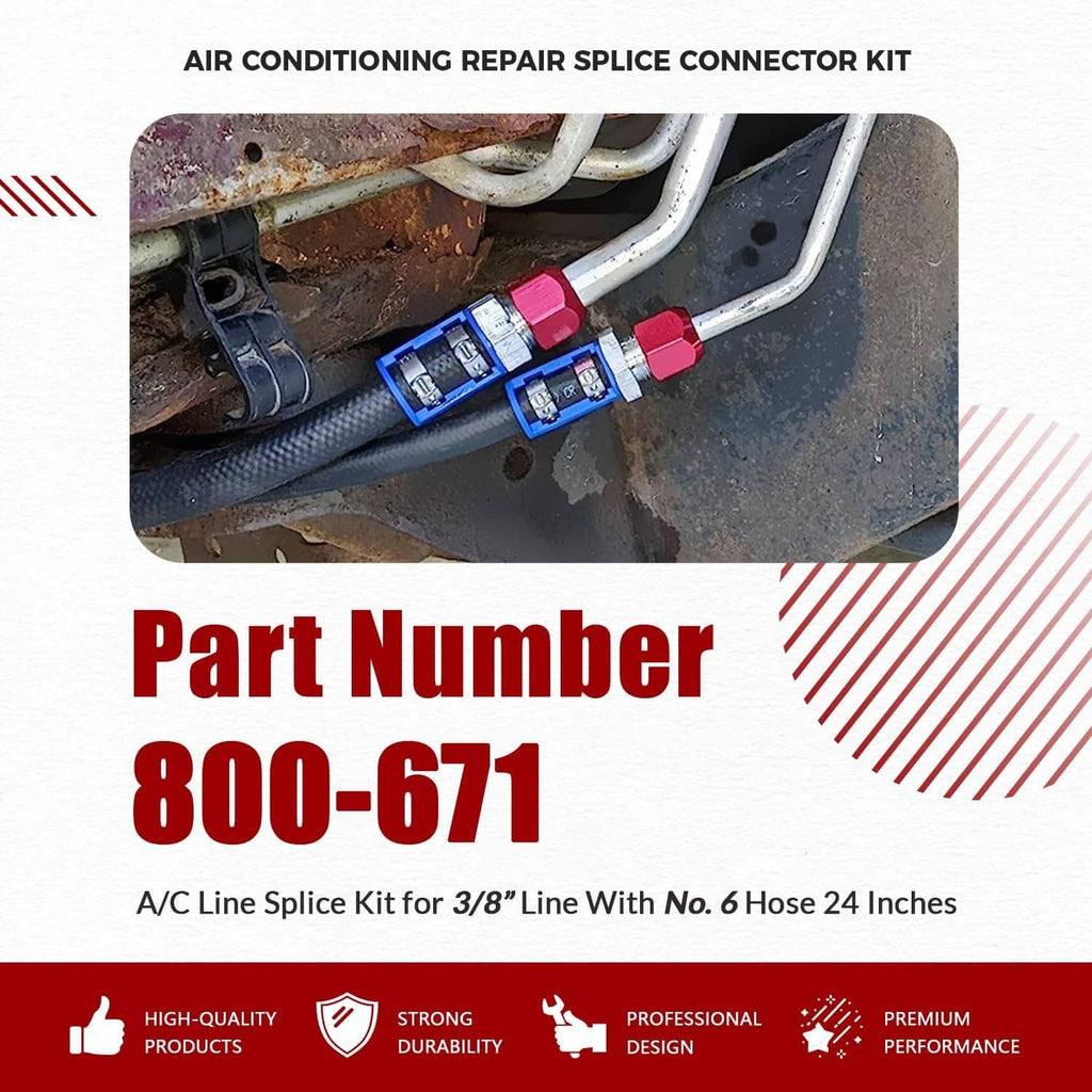 A/C line splice connector kit installed on A/C lines with blue couplers and red fittings