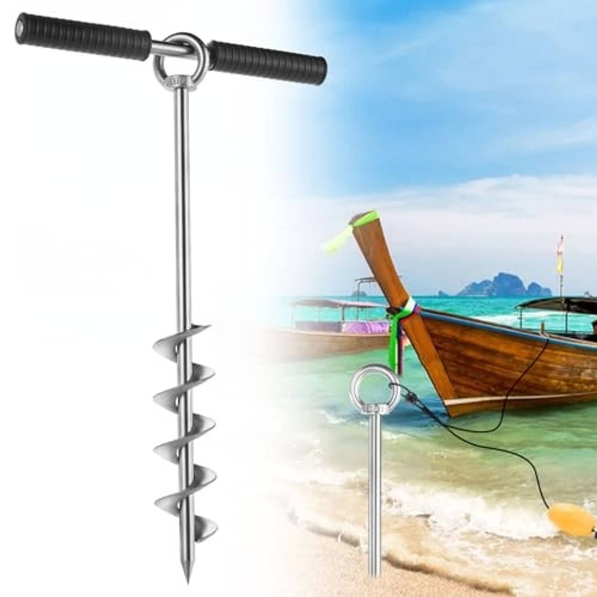 Stainless screw sand anchor with long handle and helical spiral tip for sandy ground