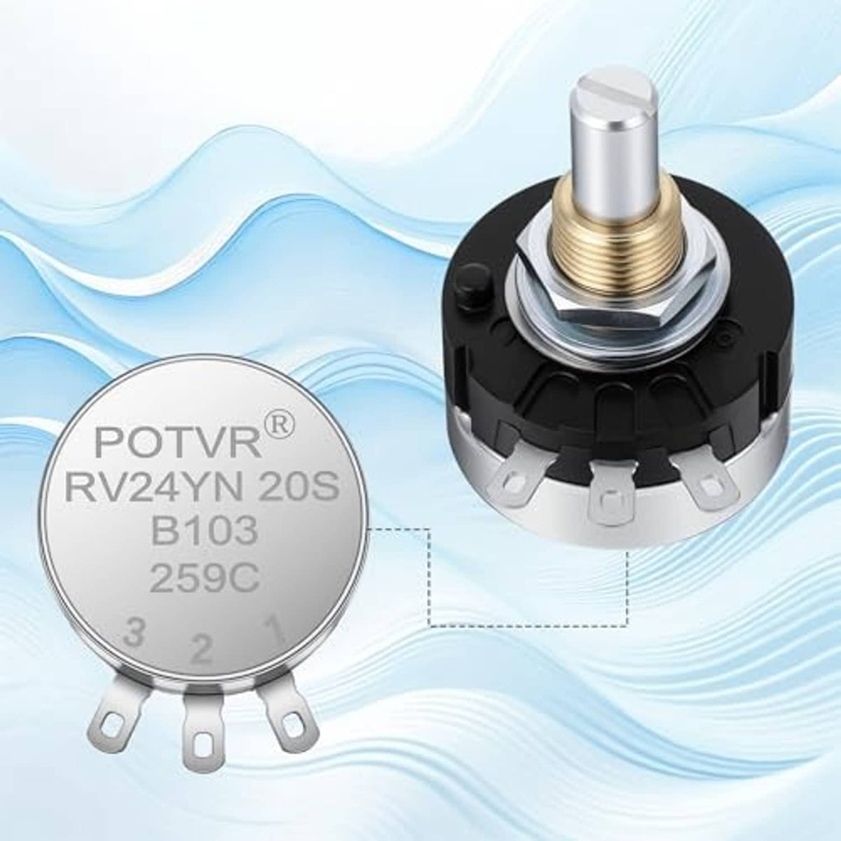 Rotary potentiometer with black body, silver threaded shaft, and round panel mount pins