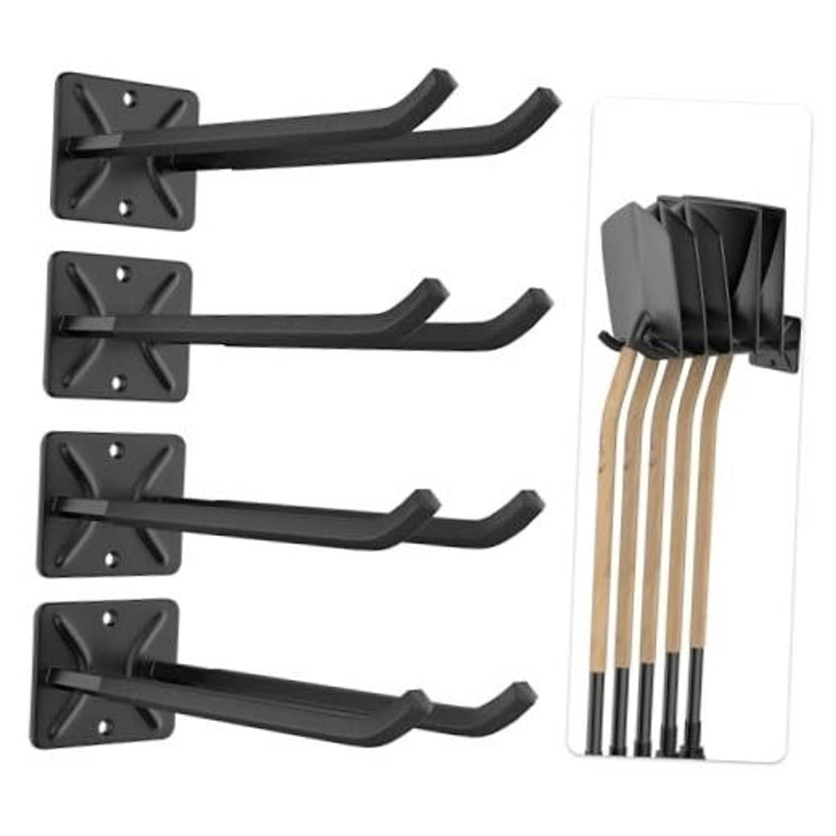 Set of 4 heavy-duty black steel wall storage hooks with curved double prongs