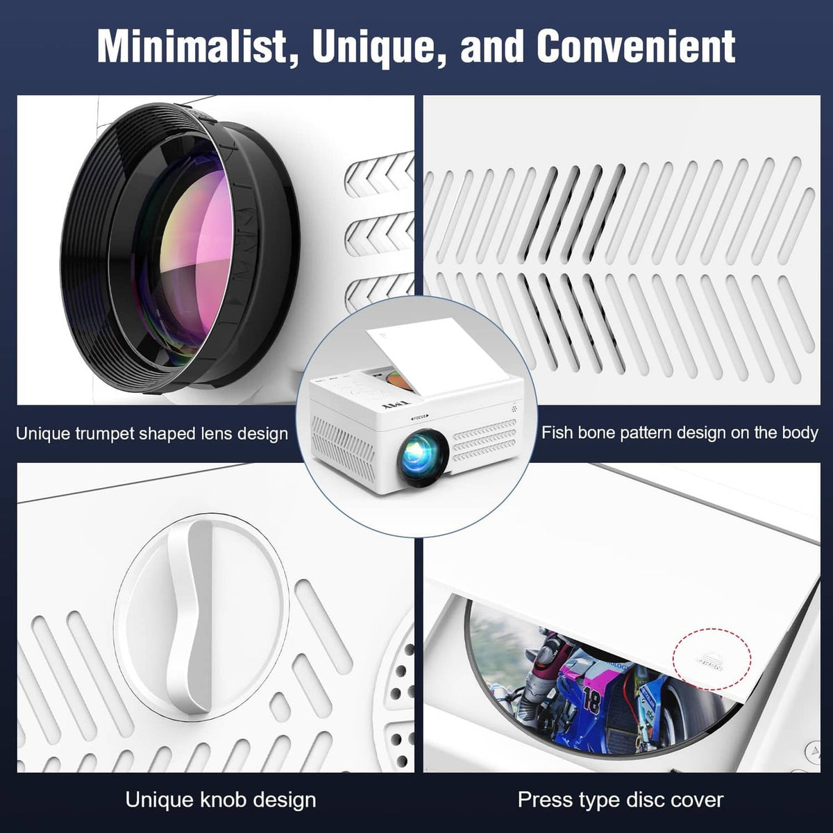 White mini LED projector design with trumpet lens, vent pattern, and knob