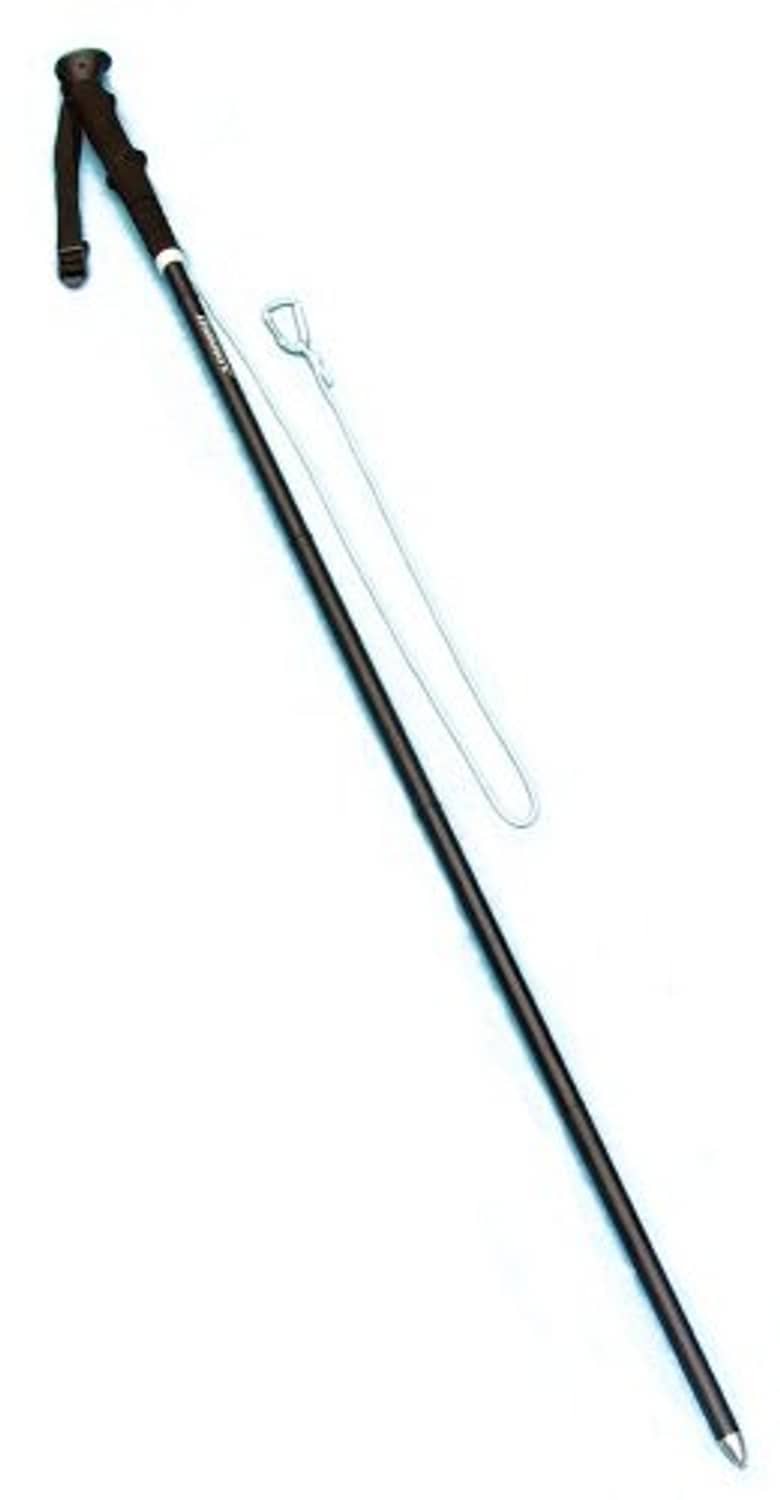 Black collapsible wading staff fishing stick with pointed metal tip and U-shaped clip