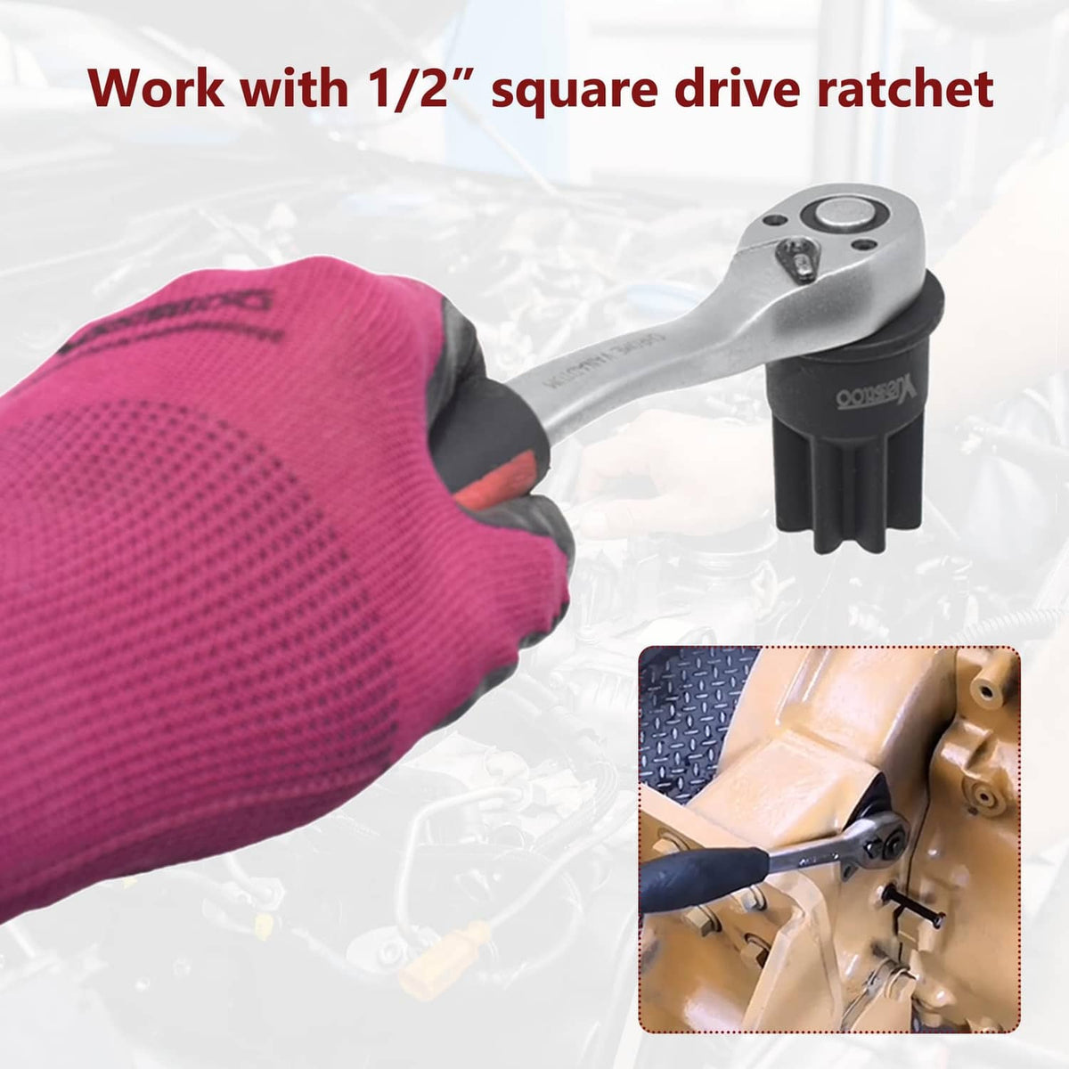 Engine barring socket attached to 1/2-inch square drive ratchet handle