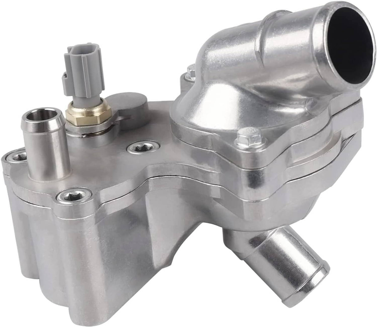 Aluminum thermostat housing with metal outlet tubes and sensor connector, silver finish