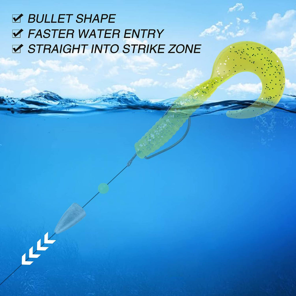 Bullet fishing sinker on fishing line for fast, straight entry into the strike zone