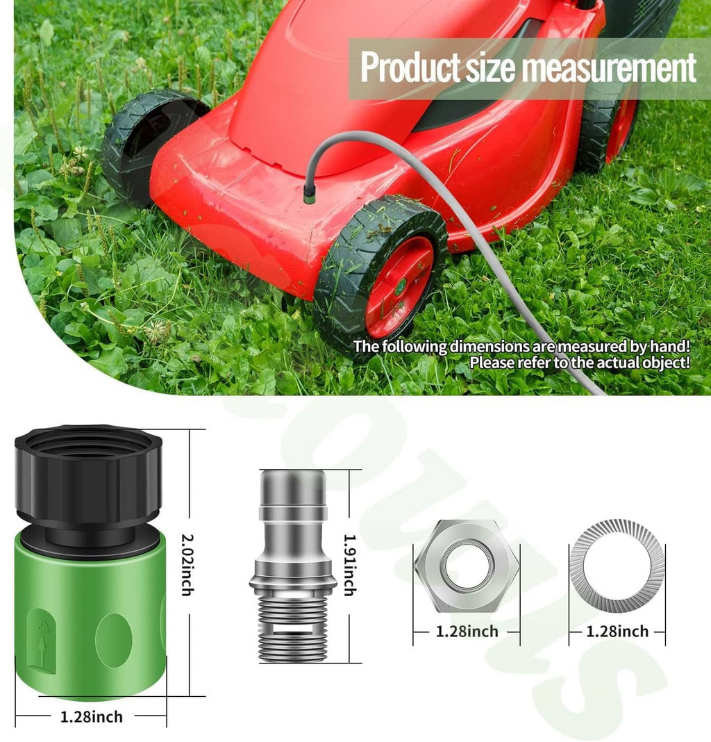 Lawn mower deck wash kit parts with size measurements for green bottle and nozzle