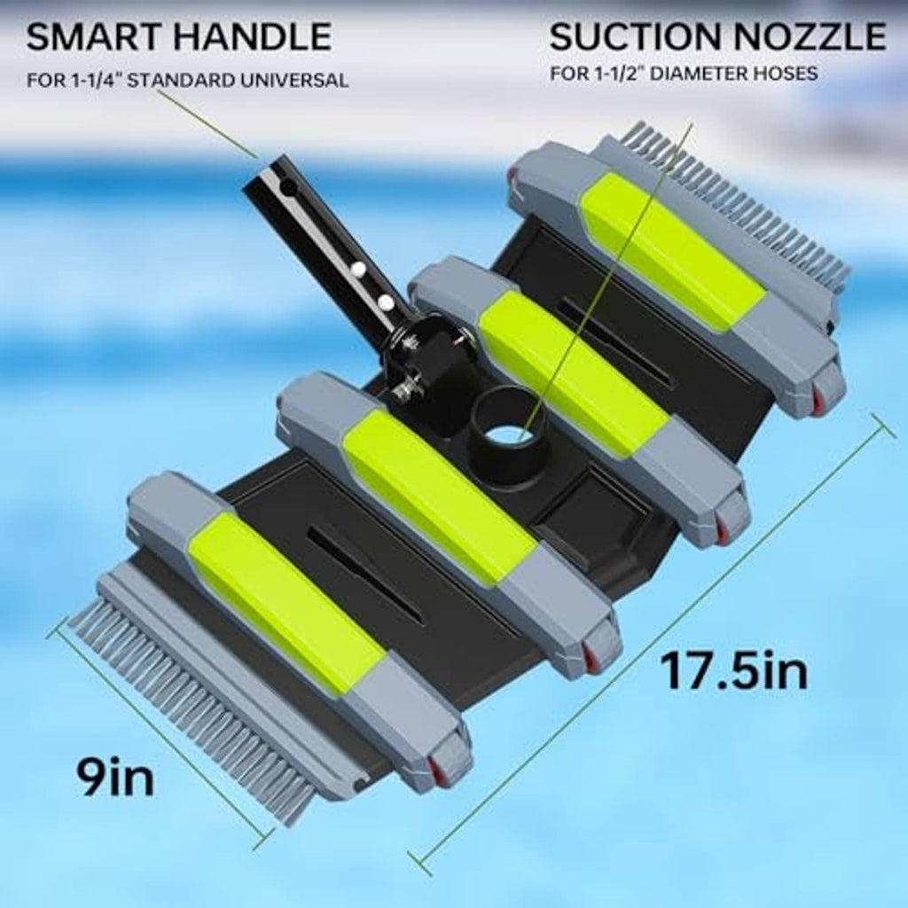 Pool vacuum head with smart handle and suction nozzle, lime-green bars on black base.
