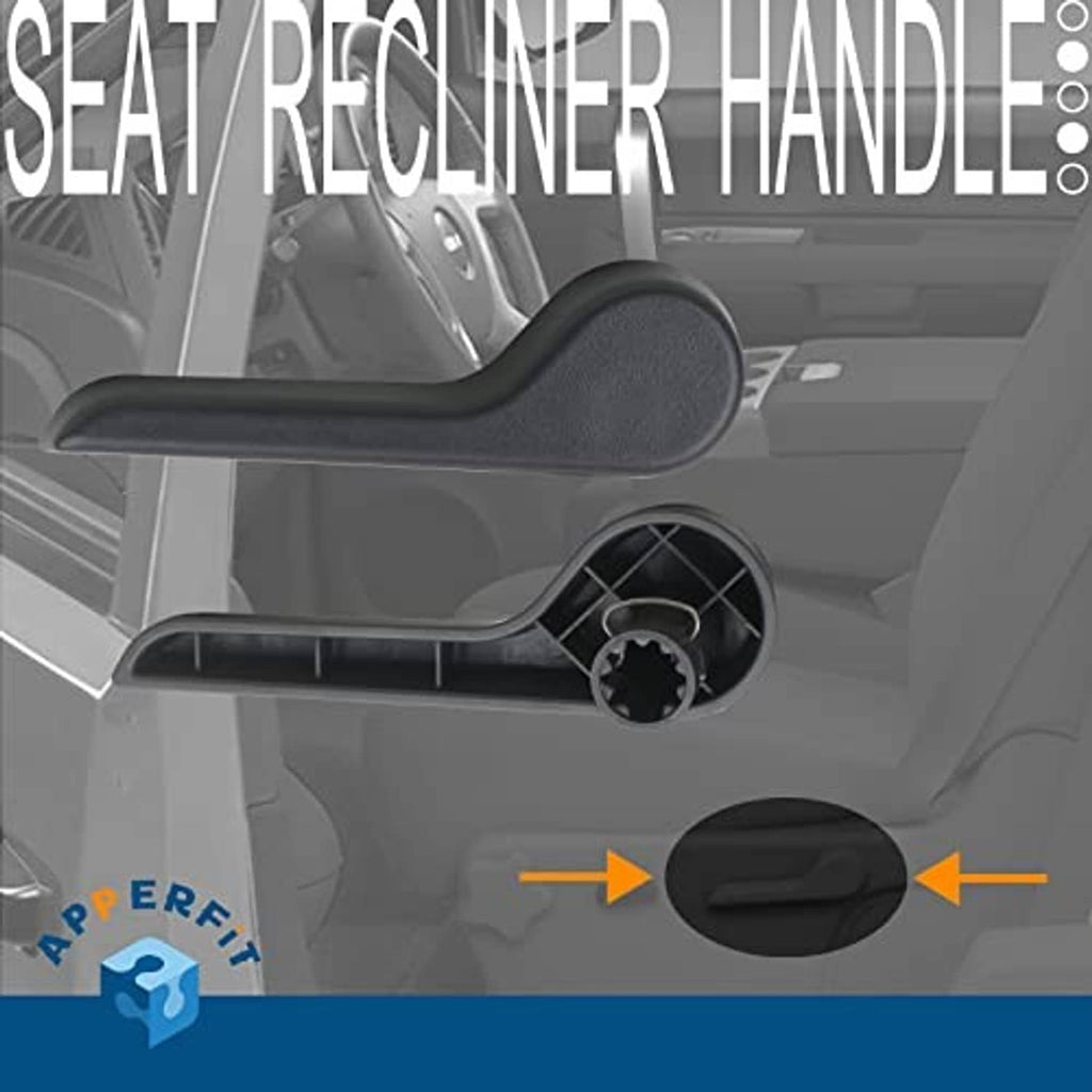 Black seat recliner handle lever with textured grip and release control on front seat.