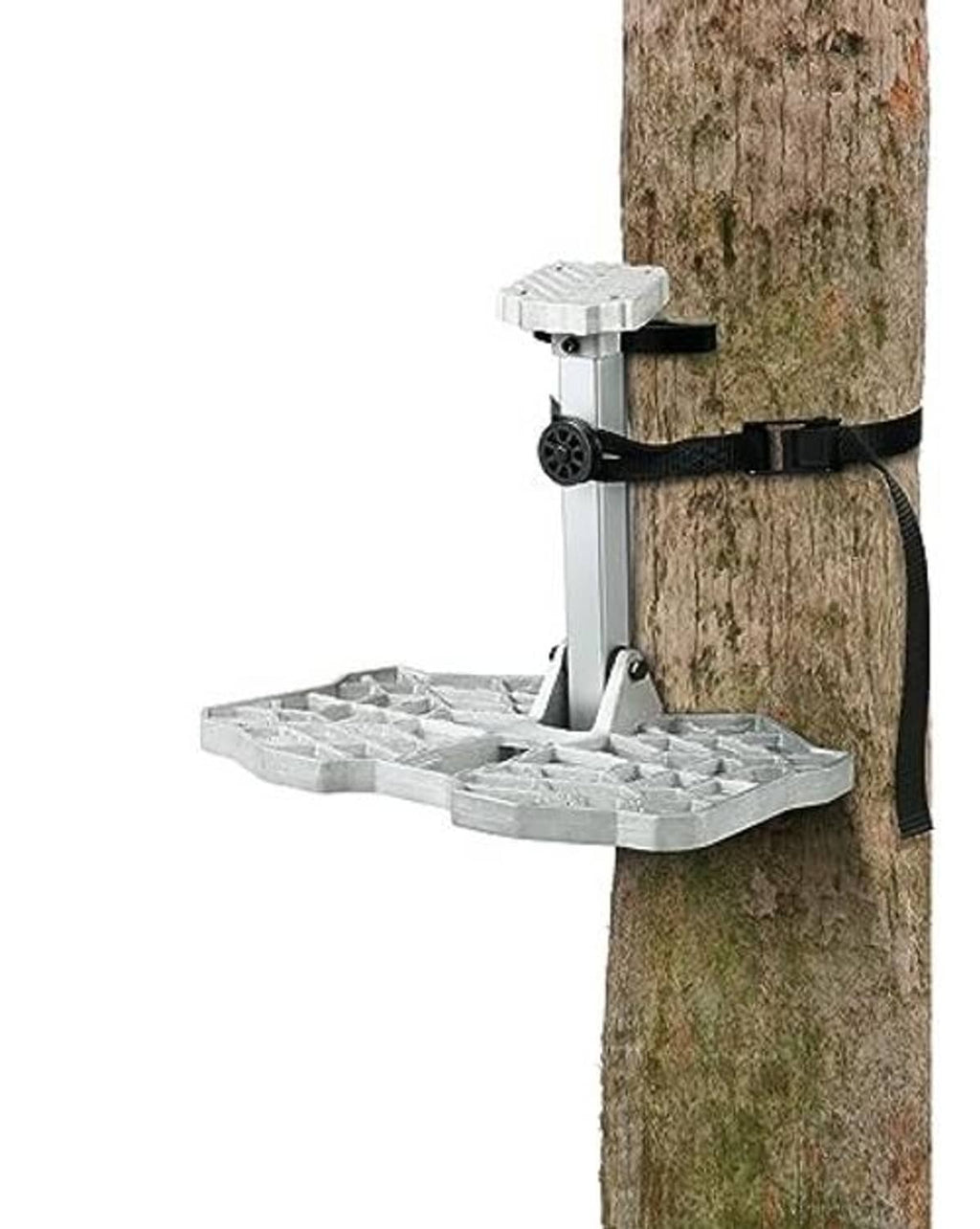 Black tree stand straps secured around a tree trunk with a metal platform