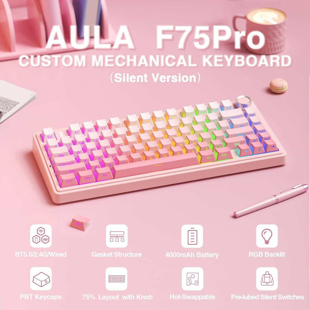 Pink mechanical keyboard featuring multicolor RGB backlit keycaps and round knob