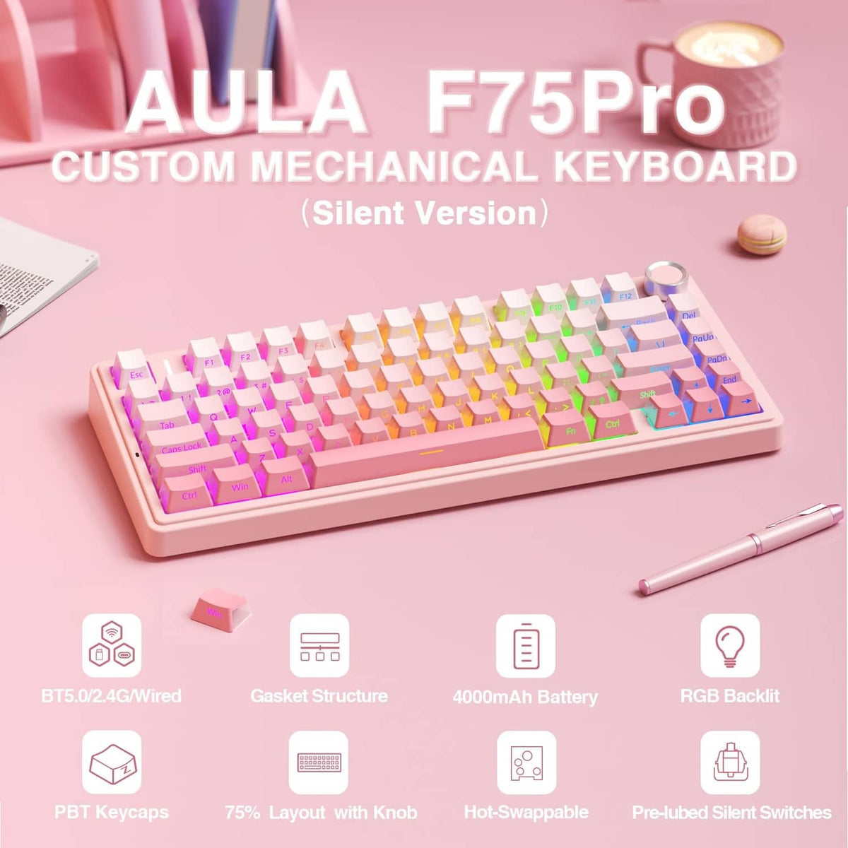 Pink mechanical keyboard featuring multicolor RGB backlit keycaps and round knob
