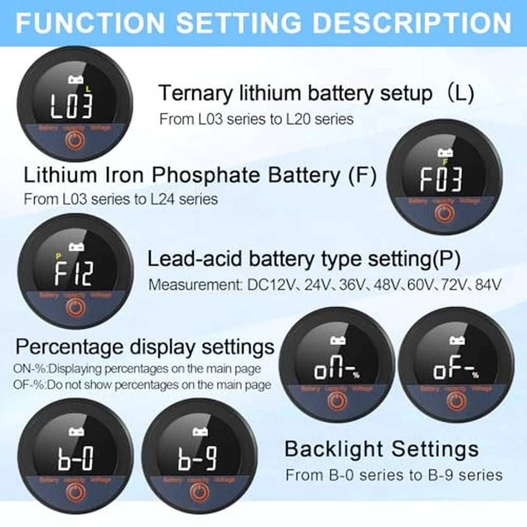 Battery monitor function setting controls shown on round LCD gauge displays