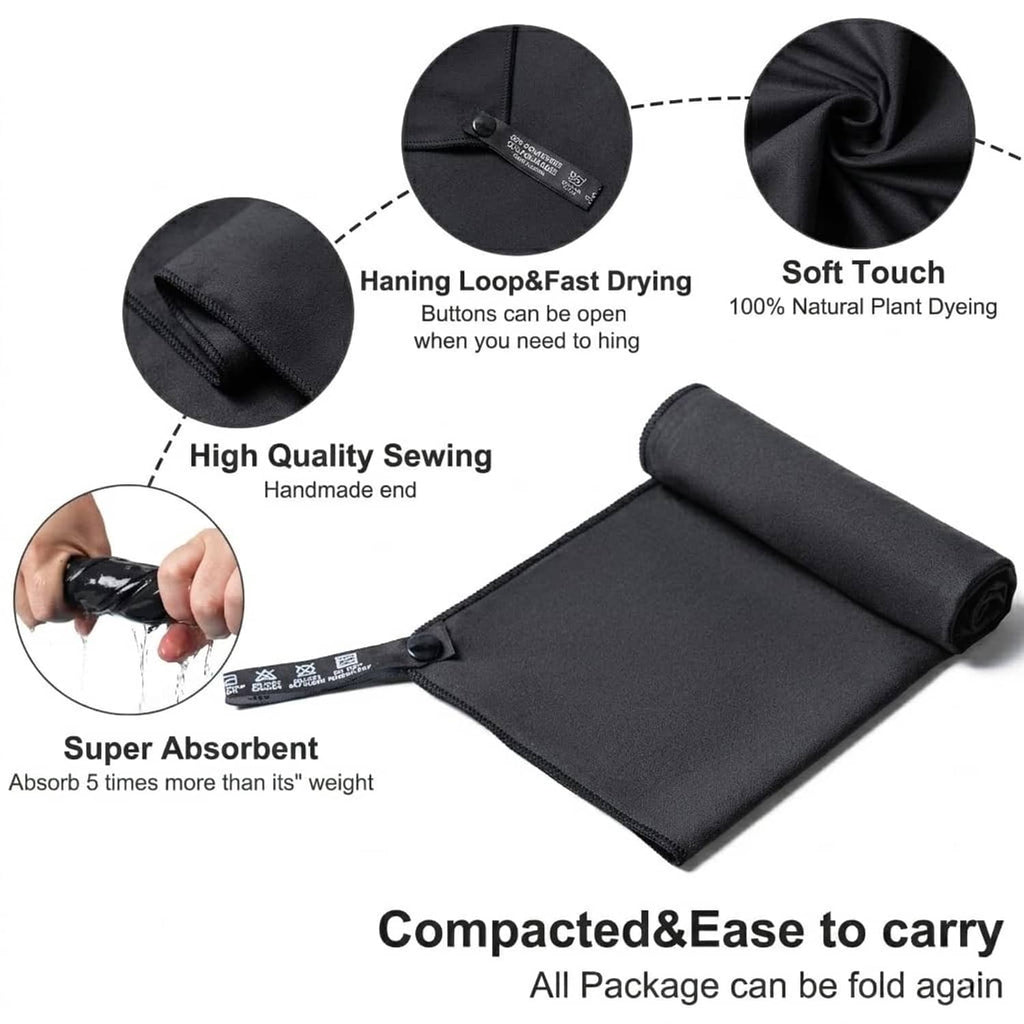 Black microfiber towel with hanging loop and high-quality stitched edges