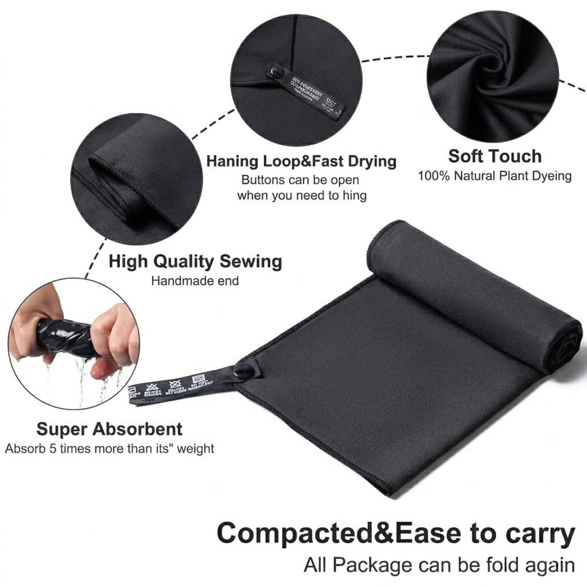 Black microfiber towel with hanging loop and high-quality stitched edges
