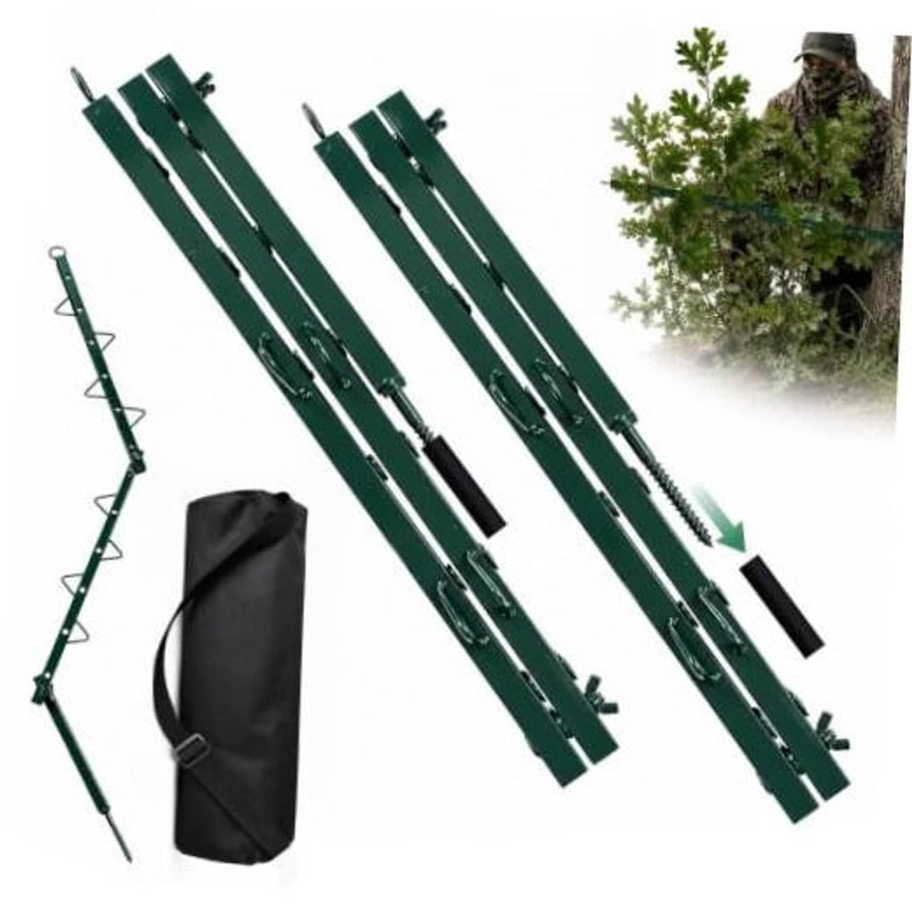 Foldable hunting camouflage branch stands with green rails and black storage bag