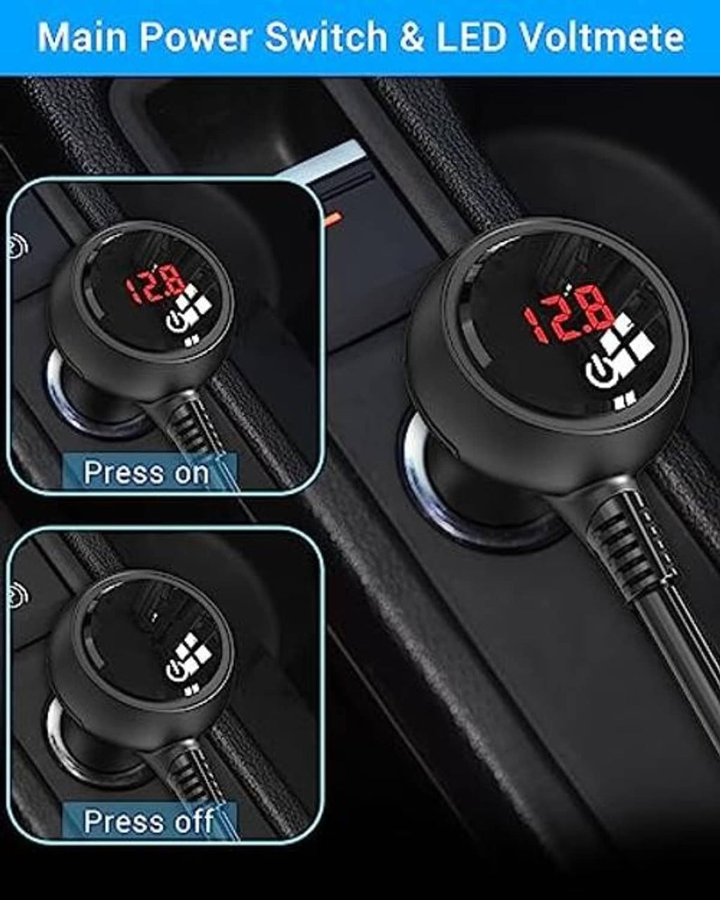 Car charger splitter with LED voltmeter display and power switch on/off