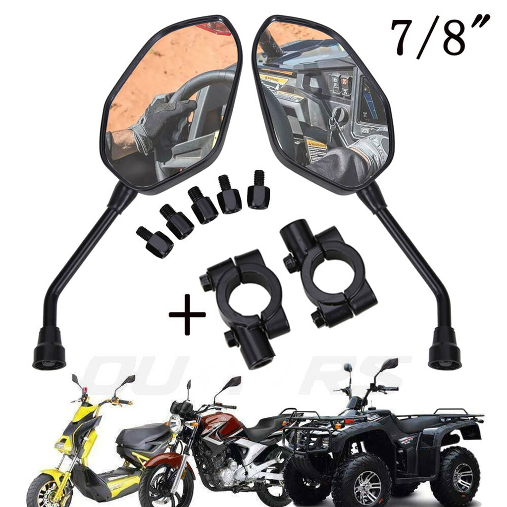 ATV rear side view mirrors set with black stems, plus mounting hardware for 7/8" bars