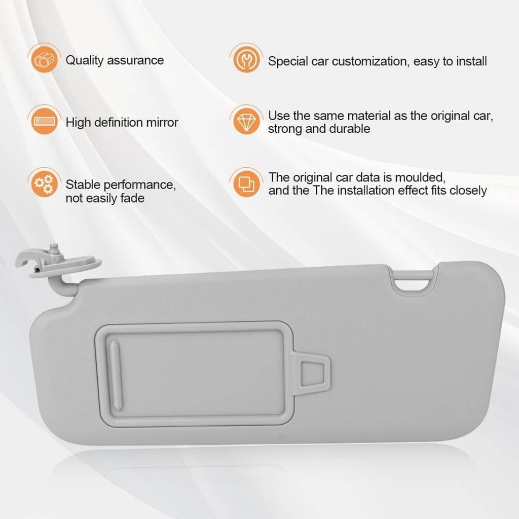 Gray sun visor pair with recessed mirror window and top clip