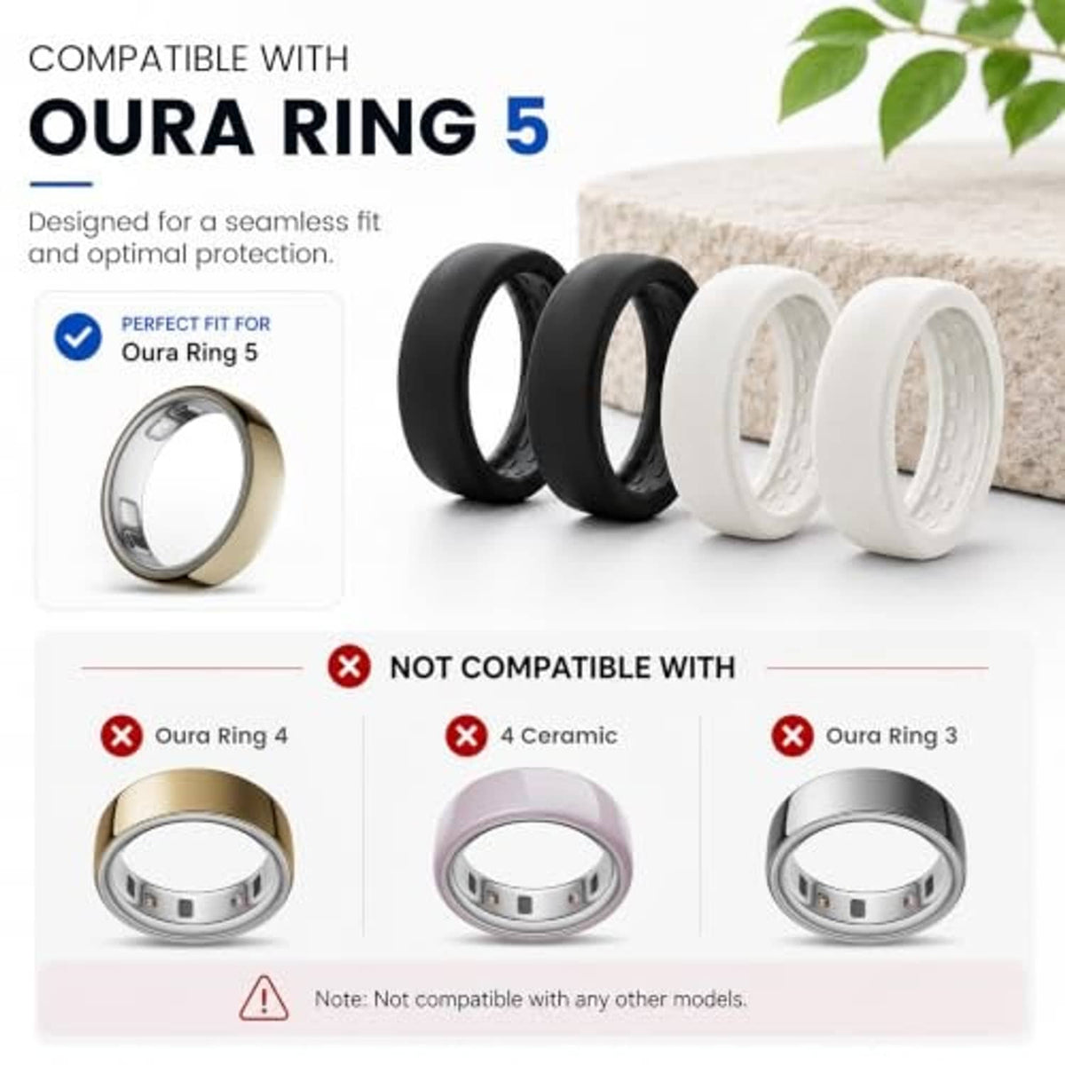 Oura Ring 5 compatible silicone ring cover set with dark and white bands shown