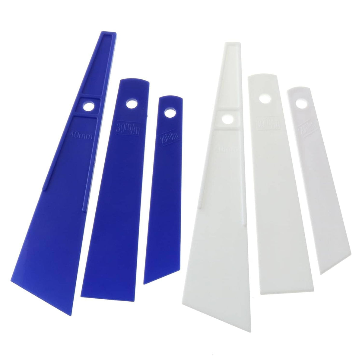 Plastic glue spreader smear sticks, blue and white set with hole for hanging
