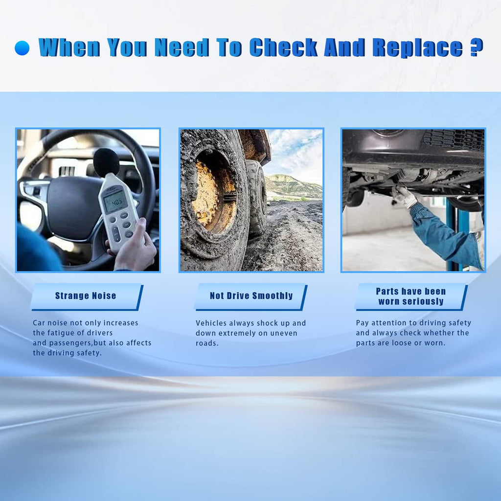 Check and replace control arm infographic with steering test, worn tire, and suspension view