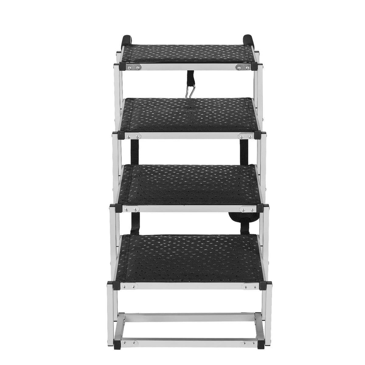 4-step aluminum dog stairs with black textured treads and side rails