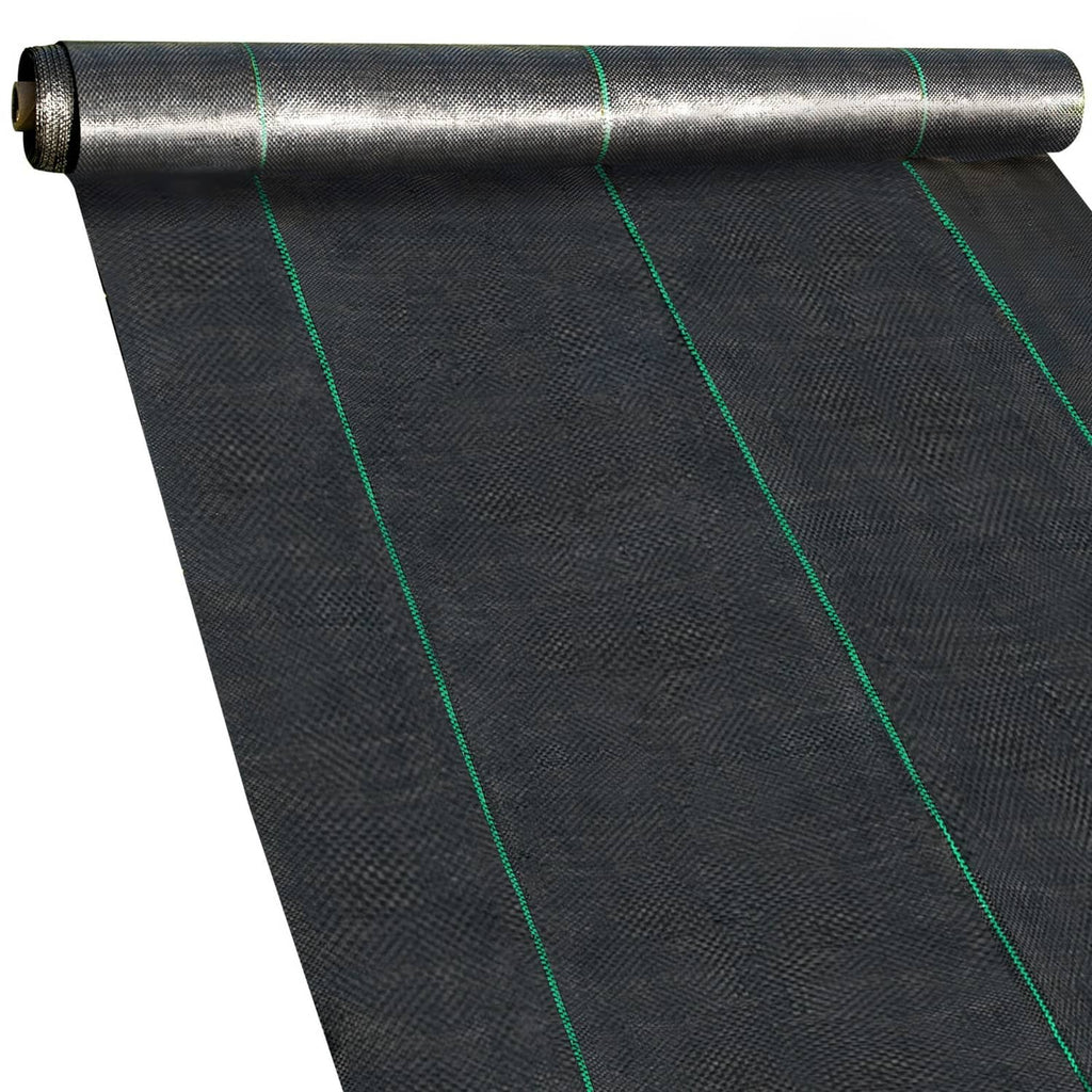Close-up of black woven weed barrier fabric roll with green guide lines