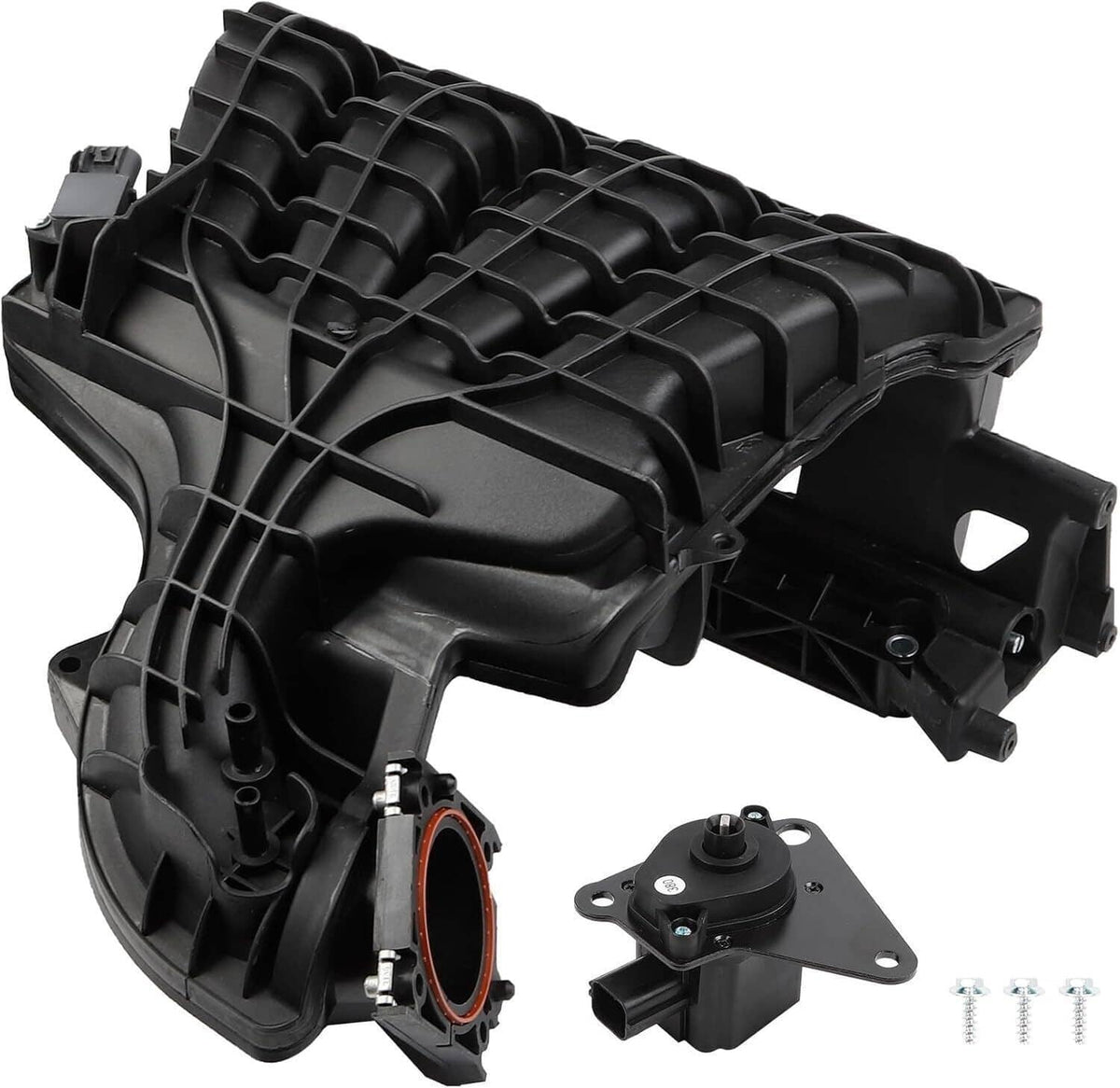Intake manifold assembly with runner control valve sensor and mounting hardware, black plastic