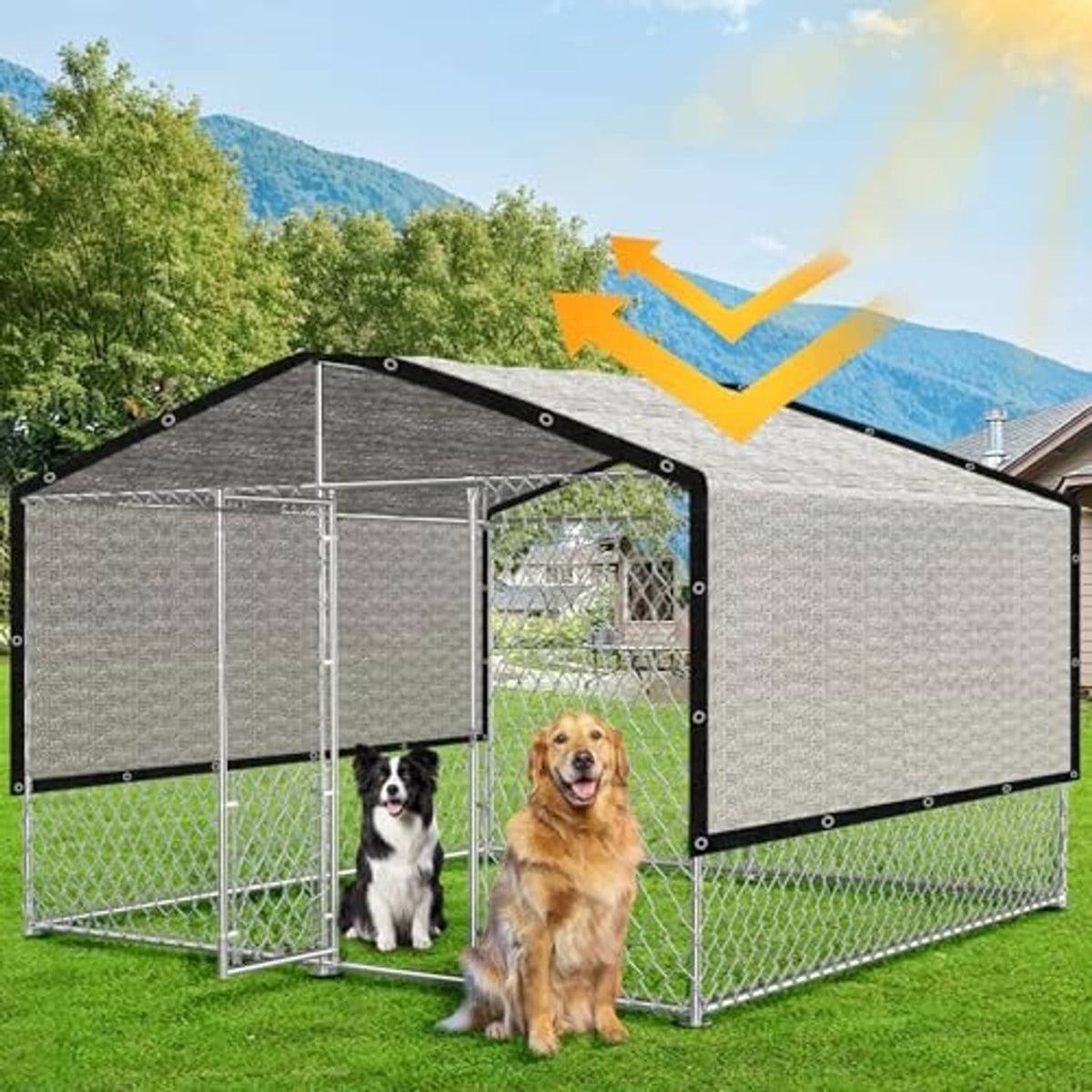 Gray aluminum shade cloth dog kennel cover tarp with grommeted corners for shade