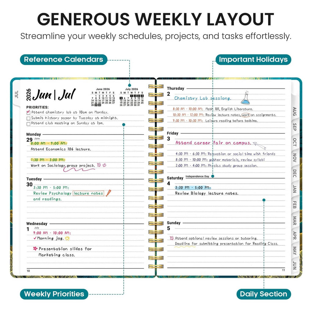 Open weekly planner page with priorities list and daily schedule sections
