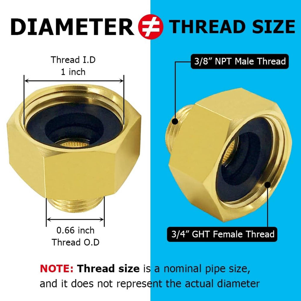 Thread size diagram showing 3/8 in NPT male and 3/4 in GHT female adapter