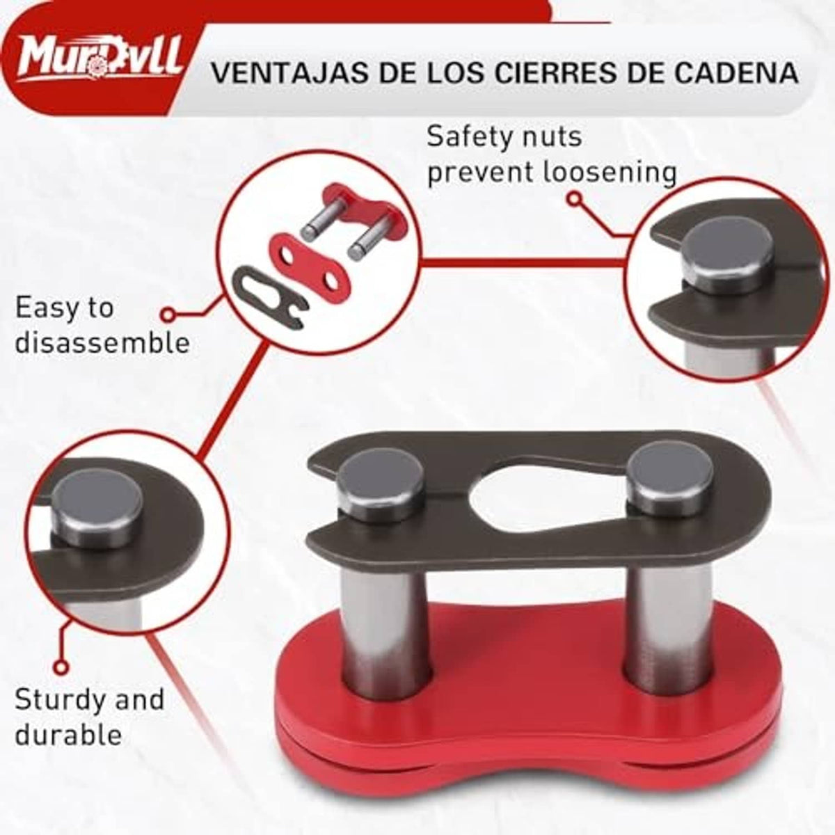 Chain breaker/connector clamp tool with two metal pins and red base