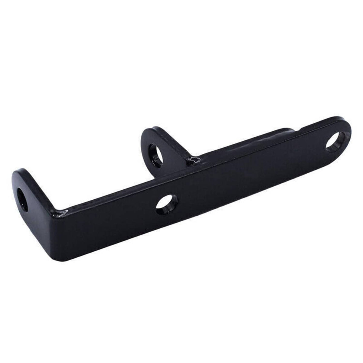 Black alternator bracket bar with flanged ends and four mounting holes