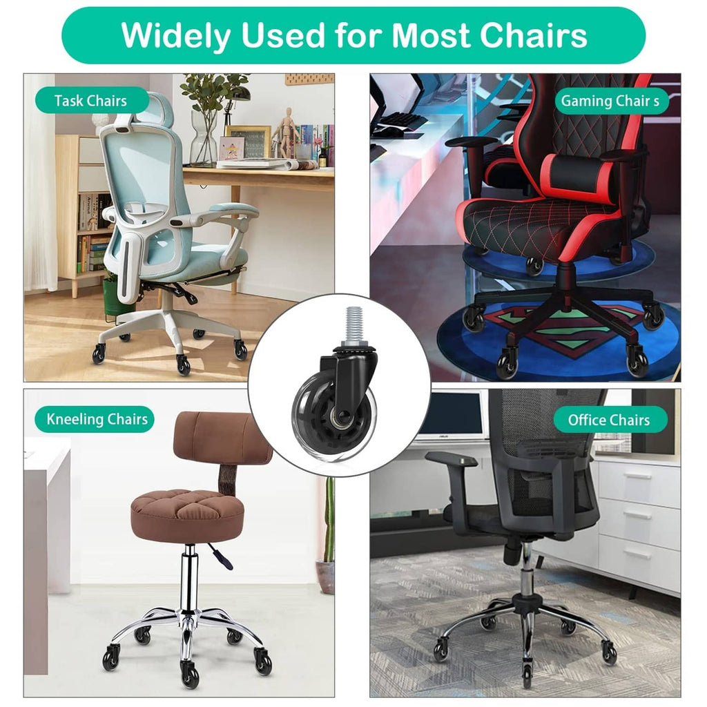 Black caster wheel shown on multiple chairs including office and gaming styles