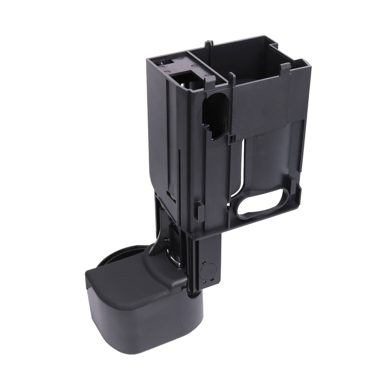 Front retractable cup holder assembly, black plastic with mounting frame and cup area