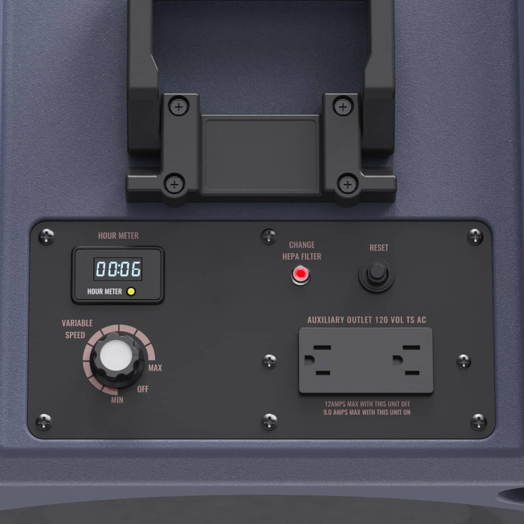 Close-up of gray HEPA negative air scrubber control panel with hour meter and outlets