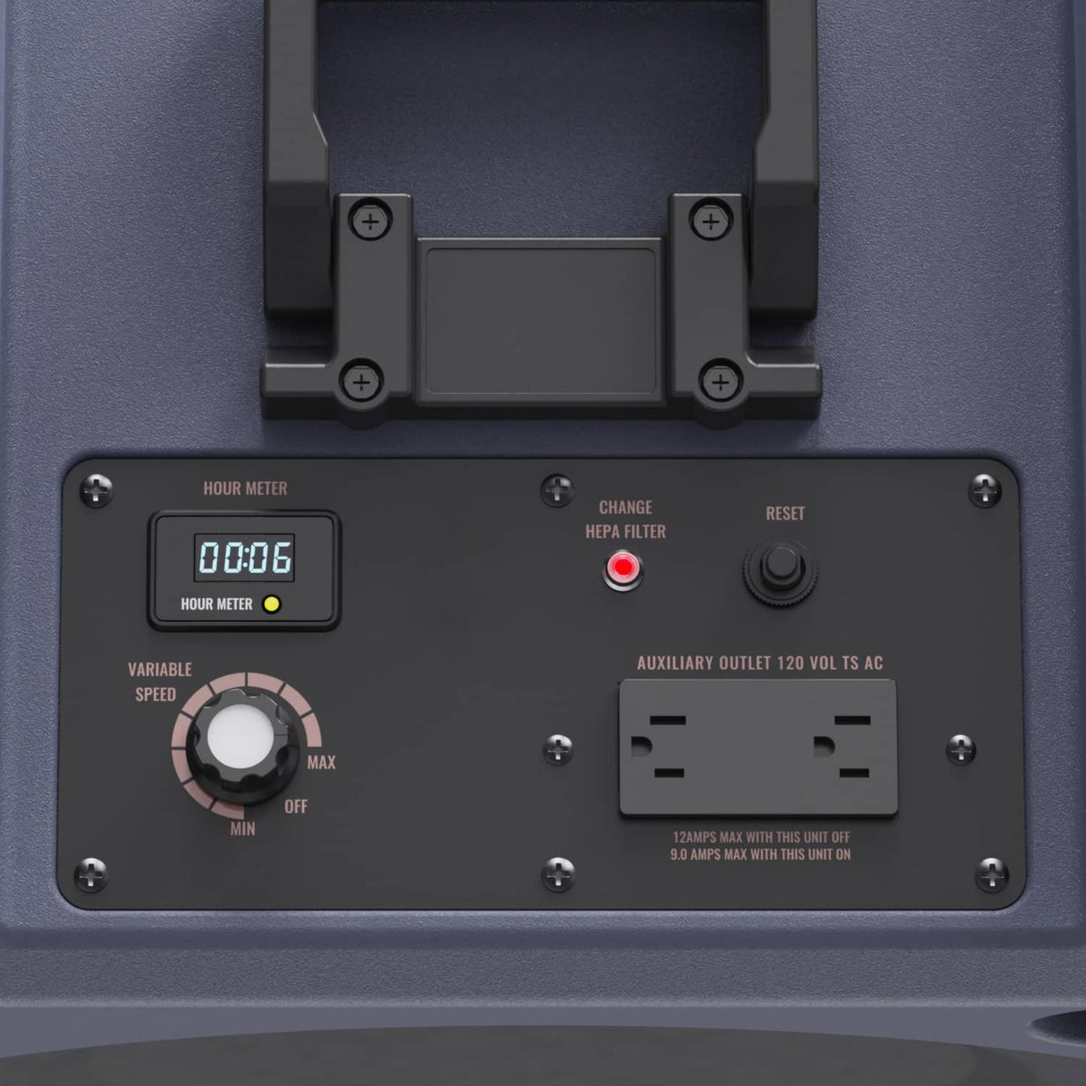 Close-up of gray HEPA negative air scrubber control panel with hour meter and outlets