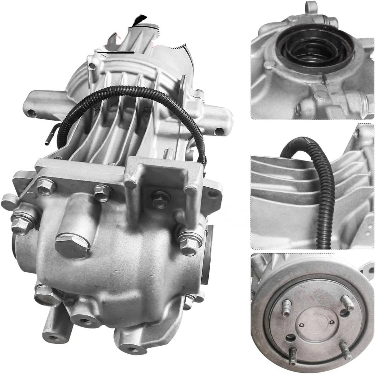 Silver rear axle differential carrier assembly collage with side view and round cover detail
