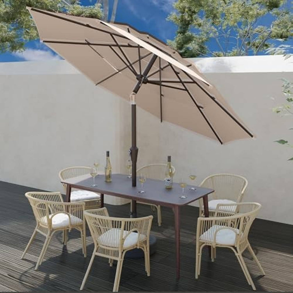 Beige 3-tier patio market umbrella with black center pole, angled open canopy