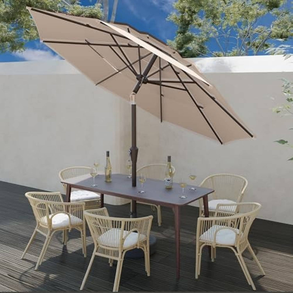 Beige 3-tier patio market umbrella with black center pole, angled open canopy