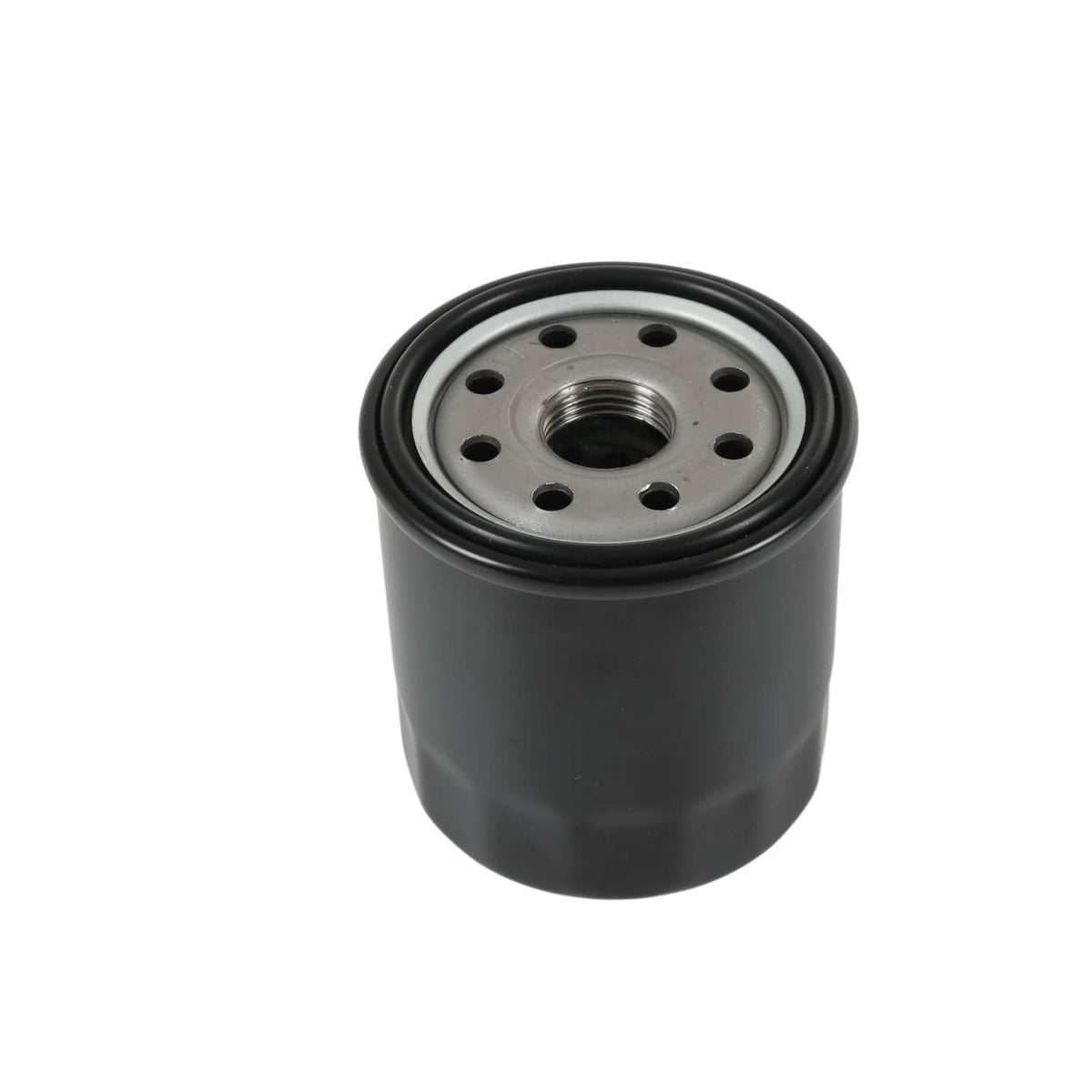 Hydraulic oil filter top view showing steel base plate with bolt holes and threaded center