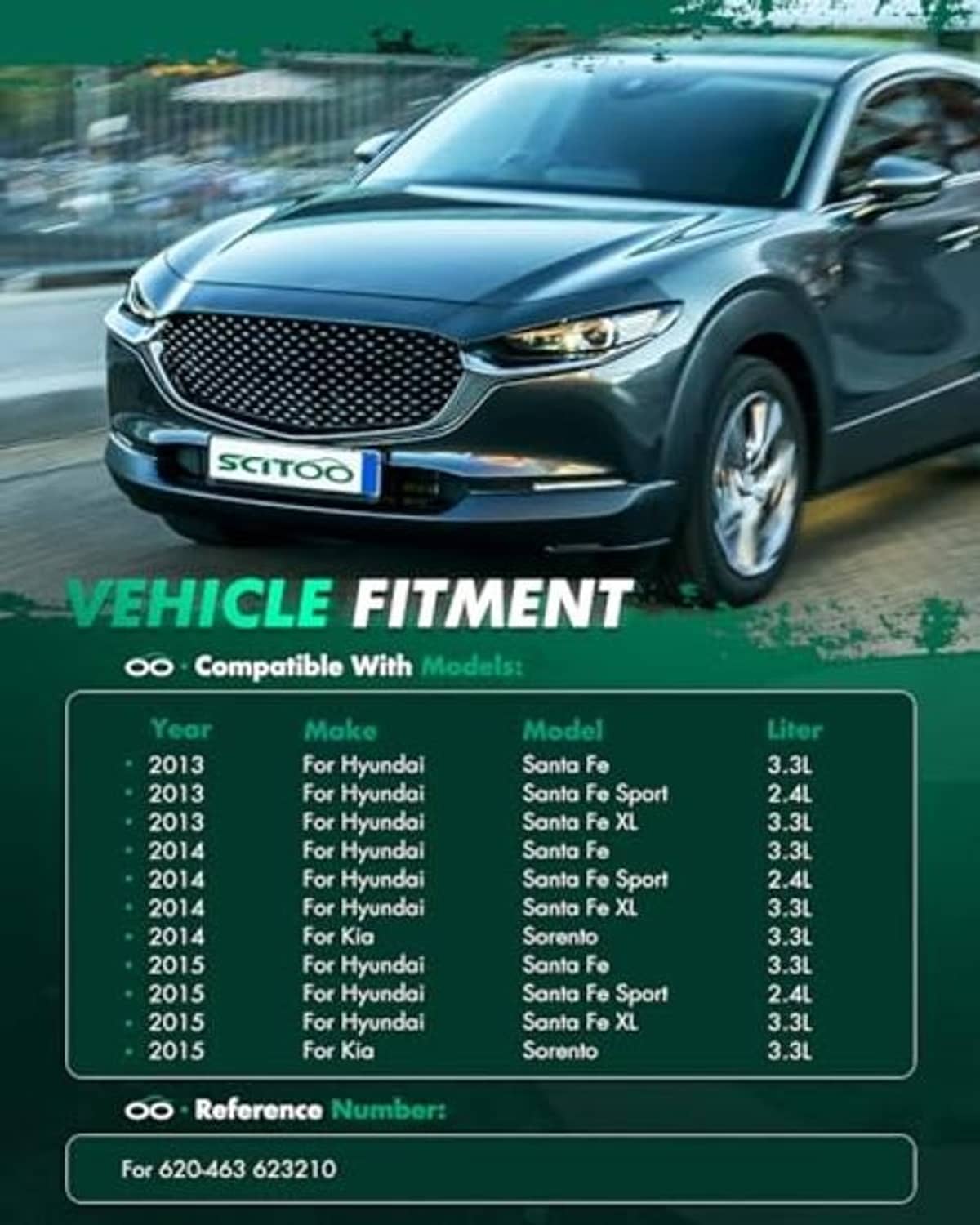 Electric radiator cooling fan shown on vehicle front for compatibility fitment