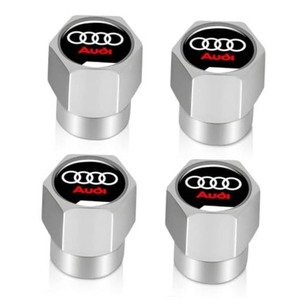 Silver metal tire valve stem caps with Audi logo on black inset